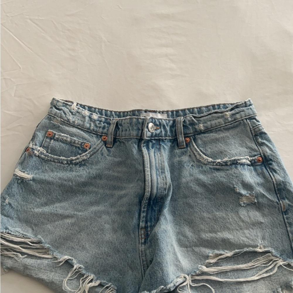 Zara Blue Jean Shorts Distressed High-Waisted